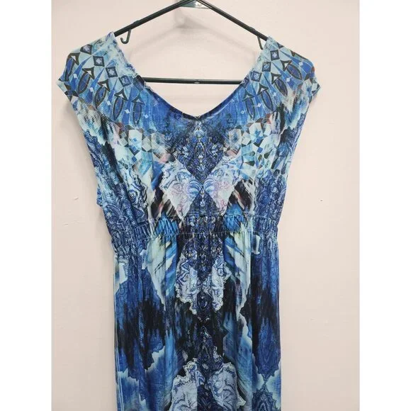 Live And Let Live Womens BOHO Maxi Dress Small Blue Abstract Sleeveless Festival - Picture 10 of 11